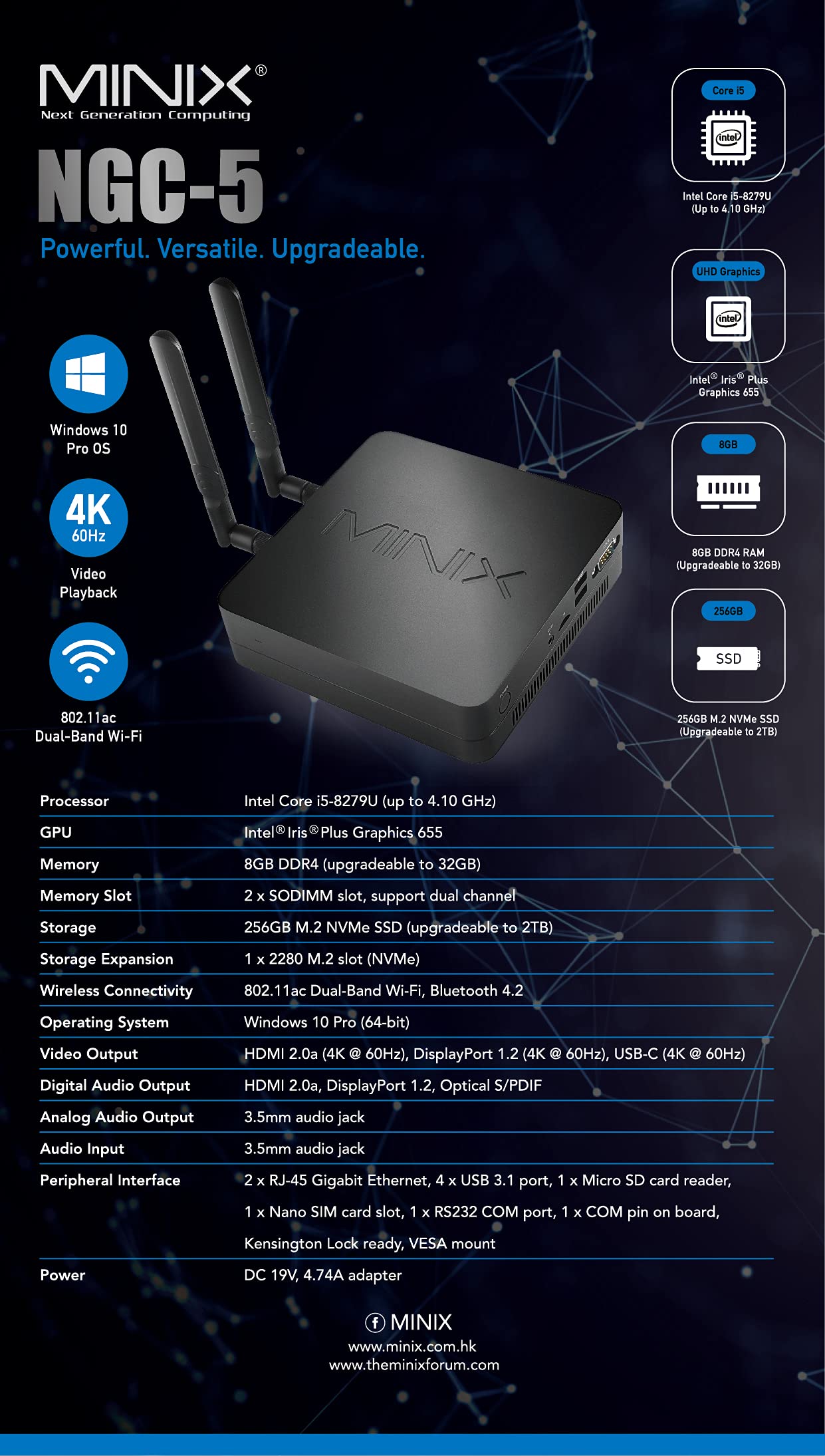 MINIX NGC-5, Intel i5-8279U Mini PC 8GB/256GB M.2 NVMe SSD, Triple 4K @ 60Hz Display/HDMI 2.0/ USB-C/DP/2xGigabit Ethernet/4USB 3.1. Support 4G LTE, SSD (SATA), Auto Power On