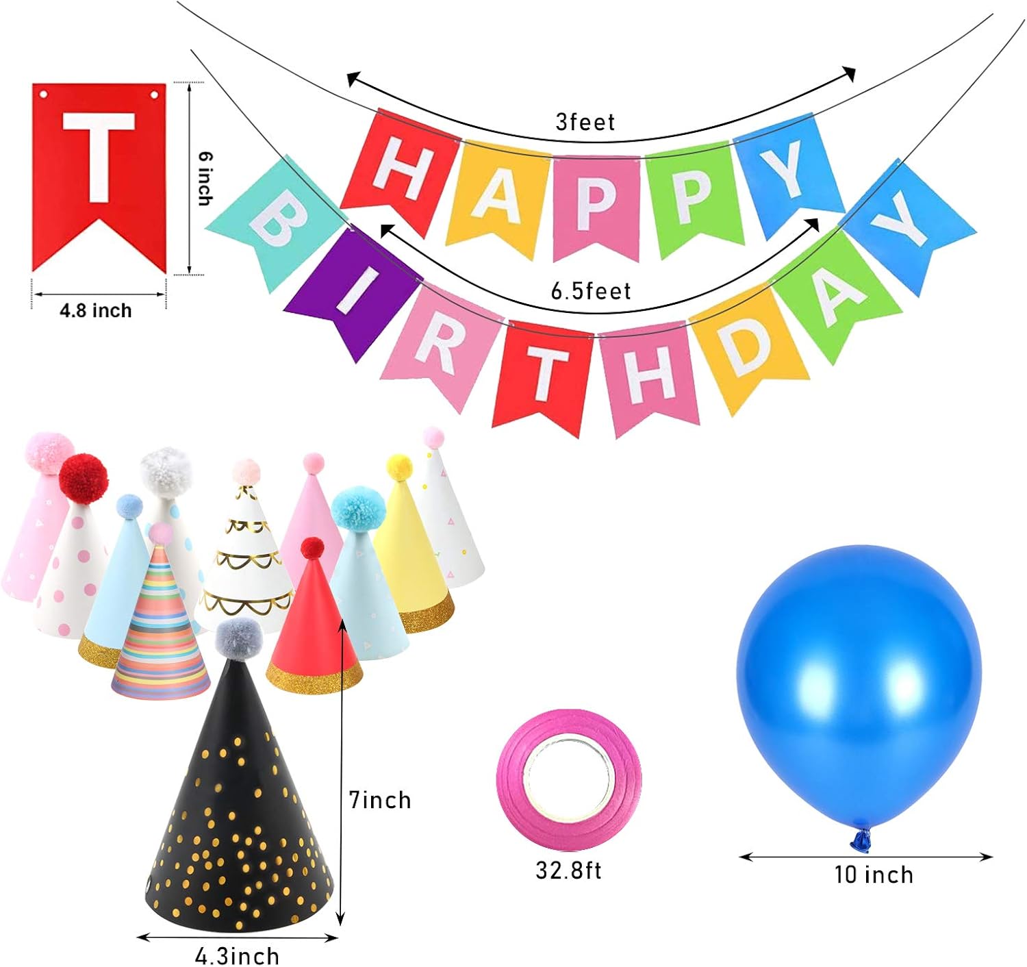 12 PCS Party Hats Birthday Party Hats,coming with 1 Colorful Happy Birthday Banner,20 Decoration Balloons,1 Hanging Swirl Streamer for Adults Teens Boys Girls Birthday Party Decorations Party Supplies: Clothing