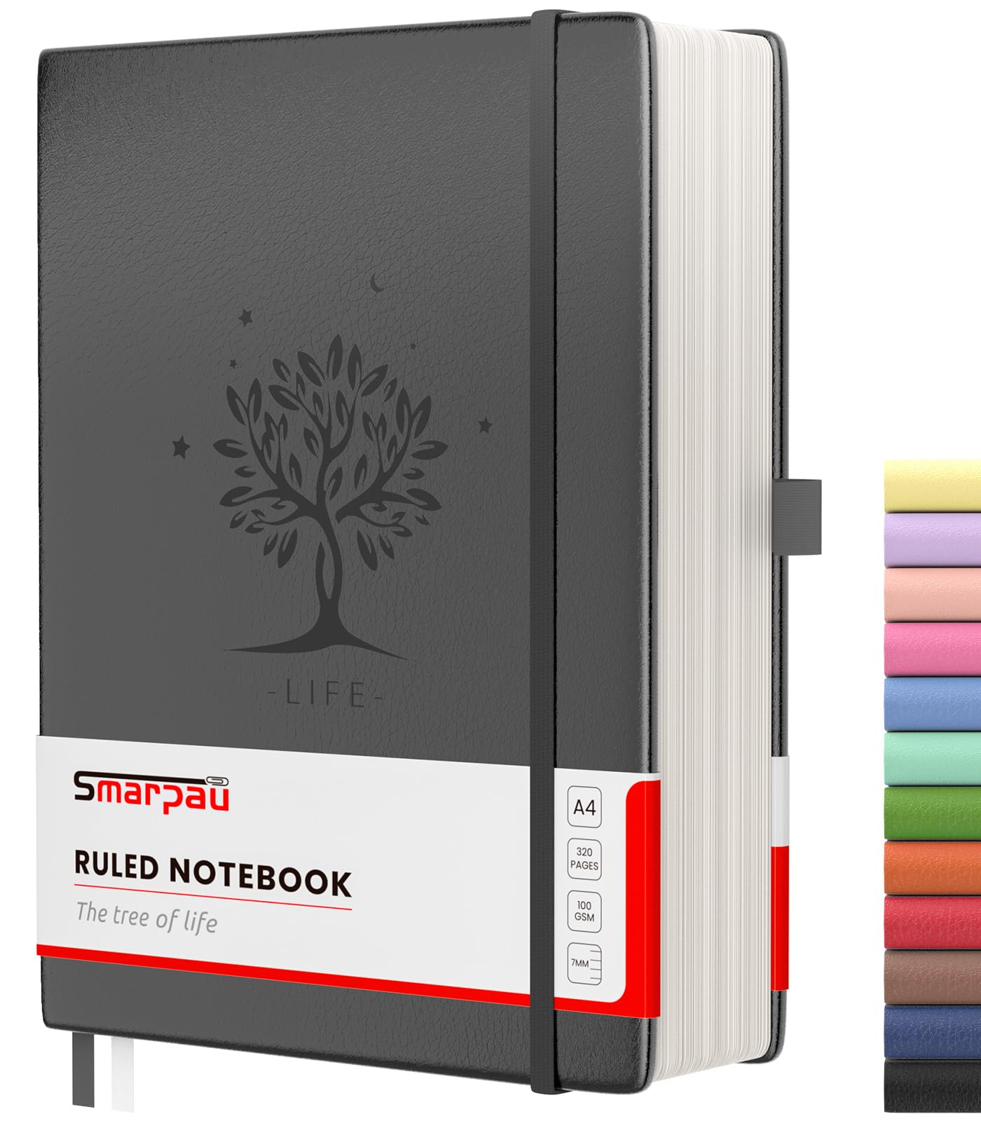 Smarpau Lined Journal Notebook - Large A4 Thick Hardcover Journal 320 Pages, 100gsm Thick Lined Paper Notepad for Writing, Leather Notebook for Women Men Work School Office - Black