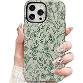 SOKAD Magnetic Sage Floral Phone Case for iPhone 15 Pro, Vintage Green Flower Pattern Compatible with Magsafe Matte Protective Case Cover with Screen Protector for Girls Women