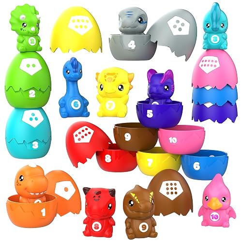 Dinosaur Egg Toys for Kids Aged 1 2 3 Year Olds, Finger Puppets for Toddlers, 20Pcs, Colorful Dinosaur Figures, Montessori Sensory Toys, Stacking Counting, Baby Bath Gift for Boys Girls