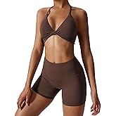 ABOCIW Workout Sets for Women 2 Piece Twist Front Halter Sports Bras High Waist Biker Shorts Exercise Gym Yoga Outfit