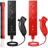 PGYFDAL Wii Controller 2 Pack, Wii Remote Controller and Nunchuck Joystick with Silicone Case and Wrist Strap for Holiday (Black and Red)