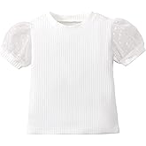 OPAWO Toddler Girl Shirts, Puff Dot Sleeve Baby Tee Shirt, Ribbed Short Sleeve T-Shirt, Solid Color Girls Tshirt Tops, 12M-7Y