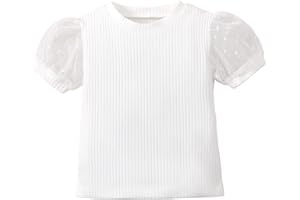 OPAWO Toddler Girl Shirts, Puff Dot Sleeve Baby Tee Shirt, Ribbed Short Sleeve T-Shirt, Solid Color Girls Tshirt Tops, 12M-7Y