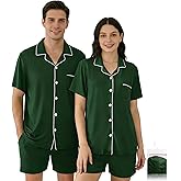 YOPUGEE Couples Pajama Set Summer Short Sleeve Sleepwear Women & Men Cotton Loungwear 2-Piece PJs with Pockets, Green-L