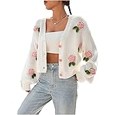 GORGLITTER Women's Floral Button Up Cropped Crochet Cardigan Boho Knit Sweater Long Sleeve Open Front Cozy Cute Tops Knitwear
