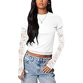 Going Out Tops for Women Sheer Lace Sleeve Shirts Cropped Basic Summer Tees Y2k Crewneck T-Shirts 2026 Trendy Top