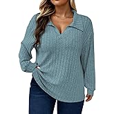 ROSRISS Plus Size Tops for Women Casual Knit Sweaters Going Out Lapel V Neck T-Shirts Lightweight Long Sleeve Blouses