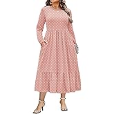 IN'VOLAND Women Plus Size Long Sleeve Dress Loose Casual Flowy Tiered Long Maxi Dresses with Pockets