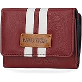 Nautica Rower's End Small Wallet for Women, RFID Blocking Slim Credit Card Holder with Zipper Coin Pocket, Bifold Compact Womens Wallet with ID Window, Wine (Racing Stripe)