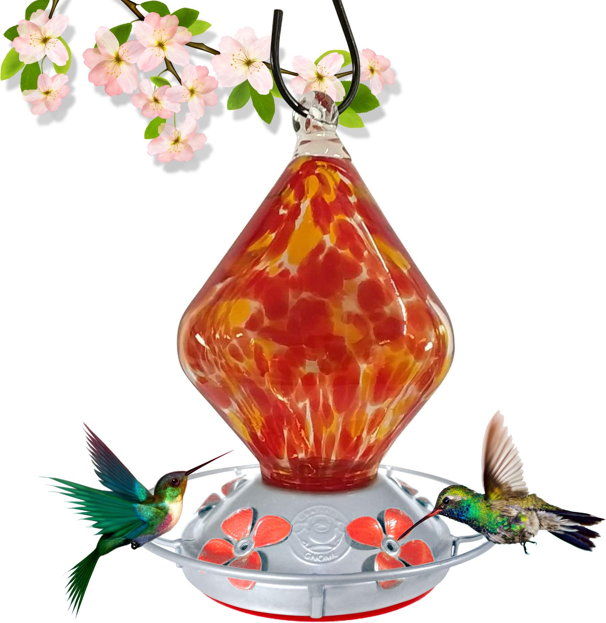 Grateful Gnome - Hummingbird Feeder - Hand Blown Glass - Red Cube, Free Bonus Accessories S-Hook, Ant Moat, Brush and Hemp Rope Included