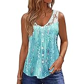 Womens Tank Tops Dressy Casual Summer Lace Sleeveless V Neck Tee Shirts Pleated Front Buttons Blouses