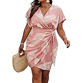 SOLY HUX Women's Plus Size Leaf Print Dress V Neck Wrap Tie Side Short Sleeve Boho Short Dresses