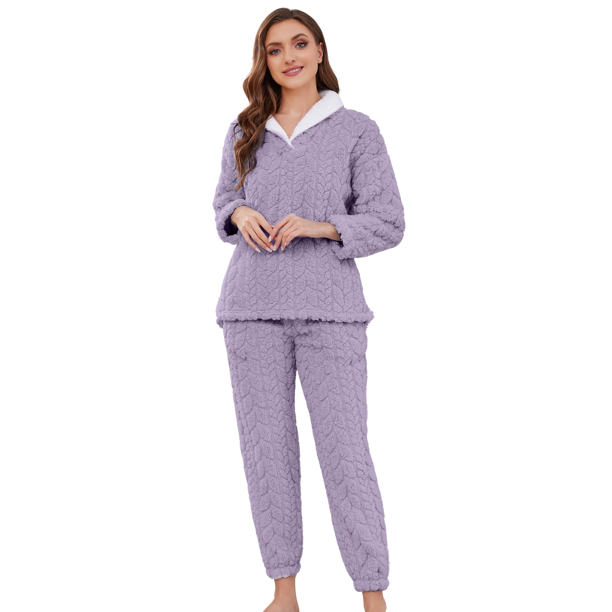 Photo 1 of LYCY Fluffy Pajamas set for Women Fleece Pullover 2 Piece Pjs Set Soft Plush Sleepwear Winter Loungewear?Grey Purple, S?