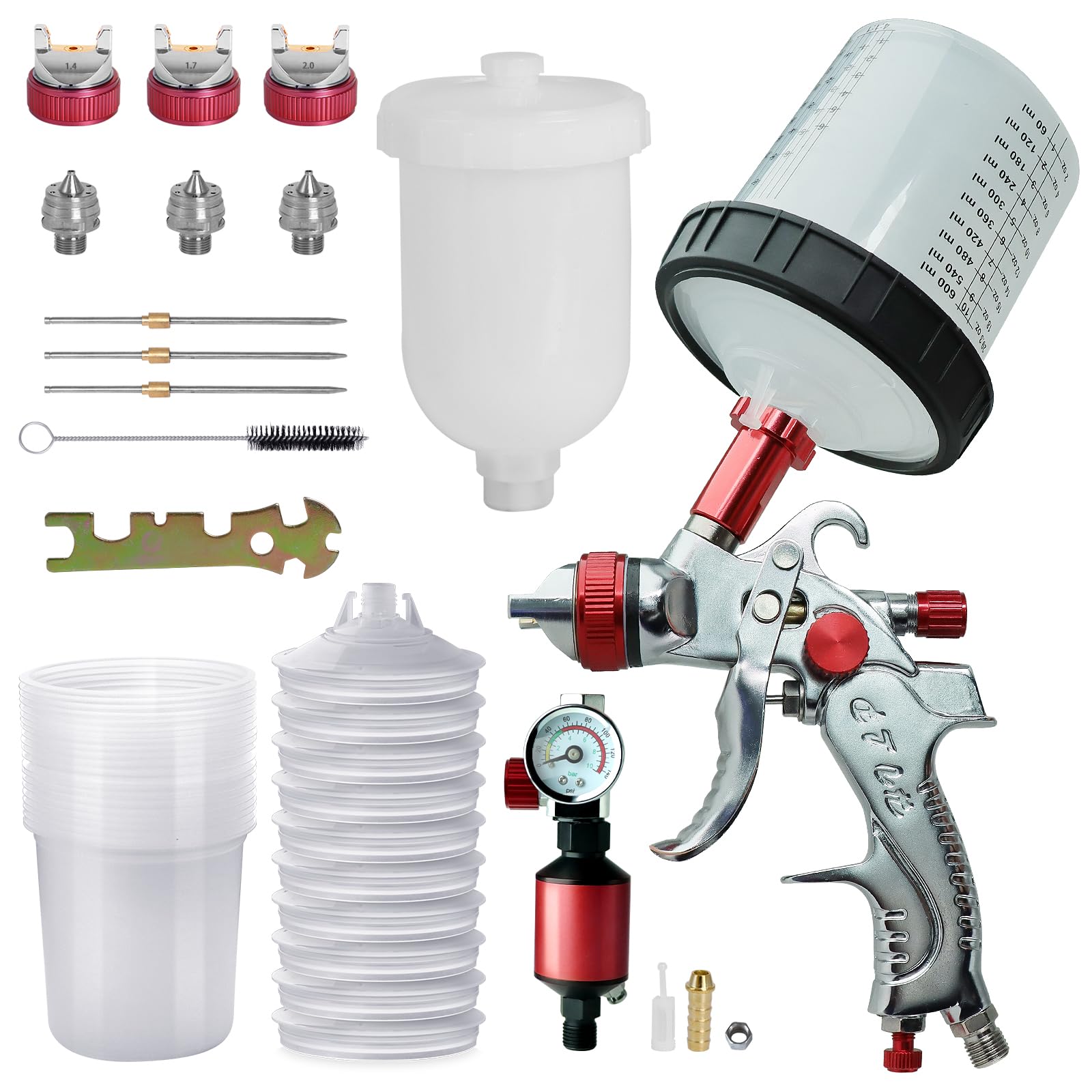 Photo 1 of Hvlp Spray  with 10Pcs 600ML Disposable Paint Cups, 3 Nozzles,1.4/1.7/2.0mm, Automotive Gravity Feed Paint Spray Gun Kit with Air Compressor Regulator for Cars & DIY Furniture Painting