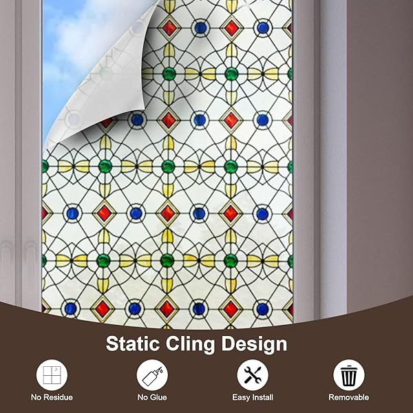 3D STAINED GLASS WINDOW FILM, DECORATIVE WINDOW PRIVACY FILM FOR BATHROOM,FRONT DOOR,HOME, SUN BLOCKING HEAT CONTROL,STATIC CLING,JEWELS, 23.6INCH X 35.4INCH