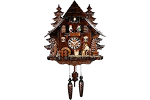 Engstler Quartz Cuckoo Clock Black Forest House with Moving Wood Chopper and Mill Wheel, with Music EN 473 QMT