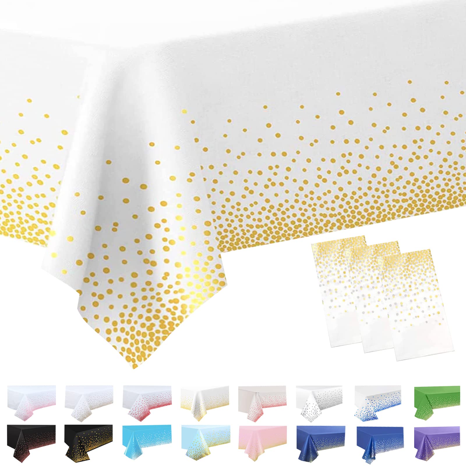 3 Pack Tablecloths for Parties,White and Gold Table Cloth, 54 x 108'' Disposable Tablecloths Gold Dot Confetti Table Cloth Rectangular Table Cover for Picnic Birthday Party,Christmas Table Decors