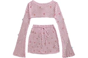 GORGLITTER Women's Crochet Bikini Cover Up Set Sequin Hollow Out Crop Top and Mini Beach Skirt Swimsuit Coverup
