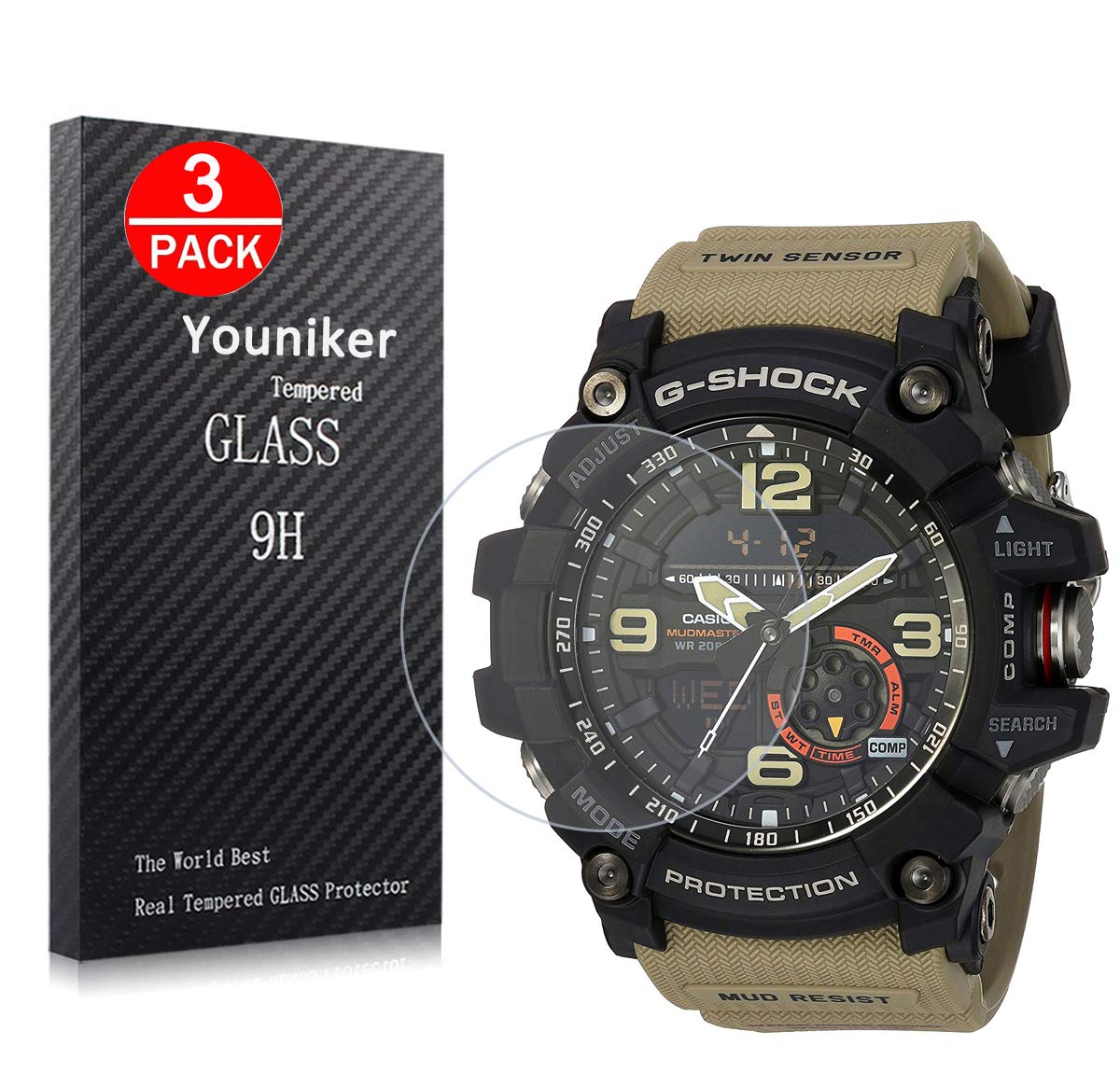 Youniker 3 Pack Compatible with Casio GG-1000 Screen Protector Tempered Glass Compatible with Casio Men's G Shock GG1000 Watch Screen Protector Foils Glass 9H 0.3MM Anti-Scratch