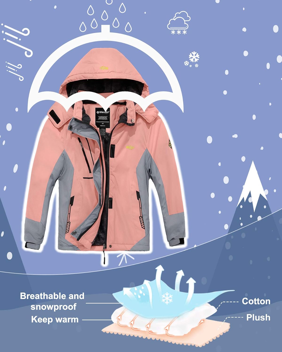 Wantdo Girl's Waterproof Ski Jacket Hooded Fleece Winter Snow Coat Windproof Raincoats Mountain Outwear: Clothing