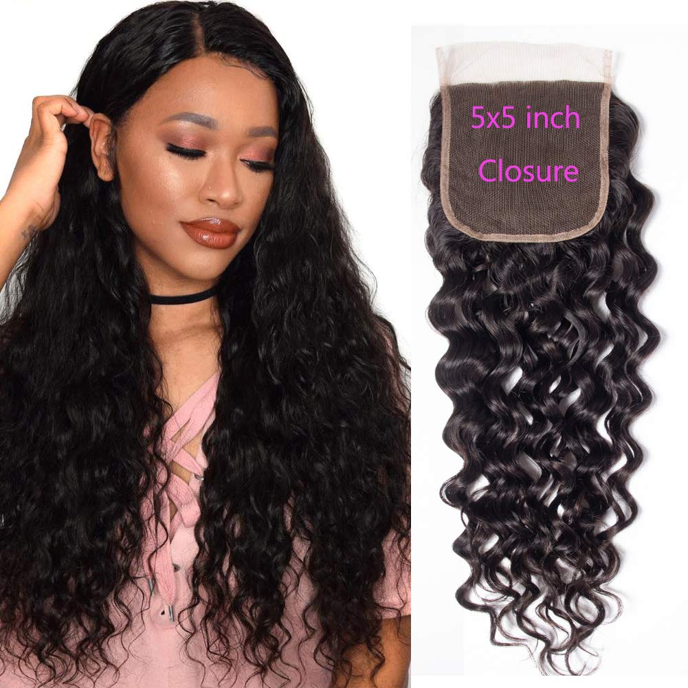 RECOOL Hair 5x5 Inch Lace Closure Water Wave Hair Closure 100% Human Hair Wet and Wavy Closure Natural Color (14 inch 5x5 Closure)