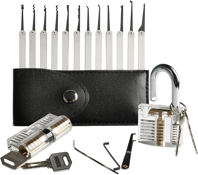 AMILE 20 Pieces Lock Picking Tools With Transparent Practice Padlock