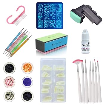 SAVNI combo of 7 nail art brush, 5 dotting tools, 1 nail dust brush, 1 stamping kit with scrapper, 100 pcs nail extensions, 1 nail glue, 6 mix glitters and 1 pc 4 sided nail buffer