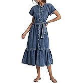 Kedera Summer Button Down Denim Shirt Dresses for Women Maxi Ruffle Short Sleeve Flowy Tiered Beach Sun Dress