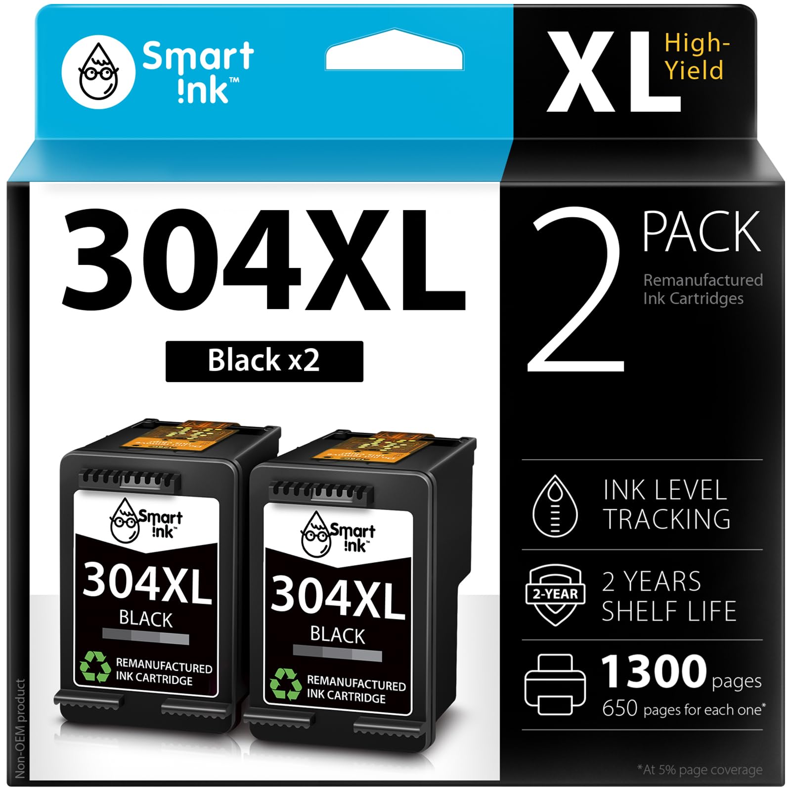 Smart Ink Remanufactured Ink Cartridges Replacement for HP 304 XL 304XL (2 Black Combo Pack) to use with HP Printer Envy 5020 5000 5010 5030 5032 DeskJet 2600 3760 2630 2620 2632 3700 3720 2622 3750