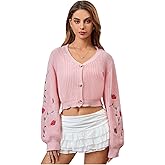 MakeMeChic Women's Strawberry Embroidery Cardigan Sweaters Kawaii Lantern Sleeve Button Down Cropped Cardigan