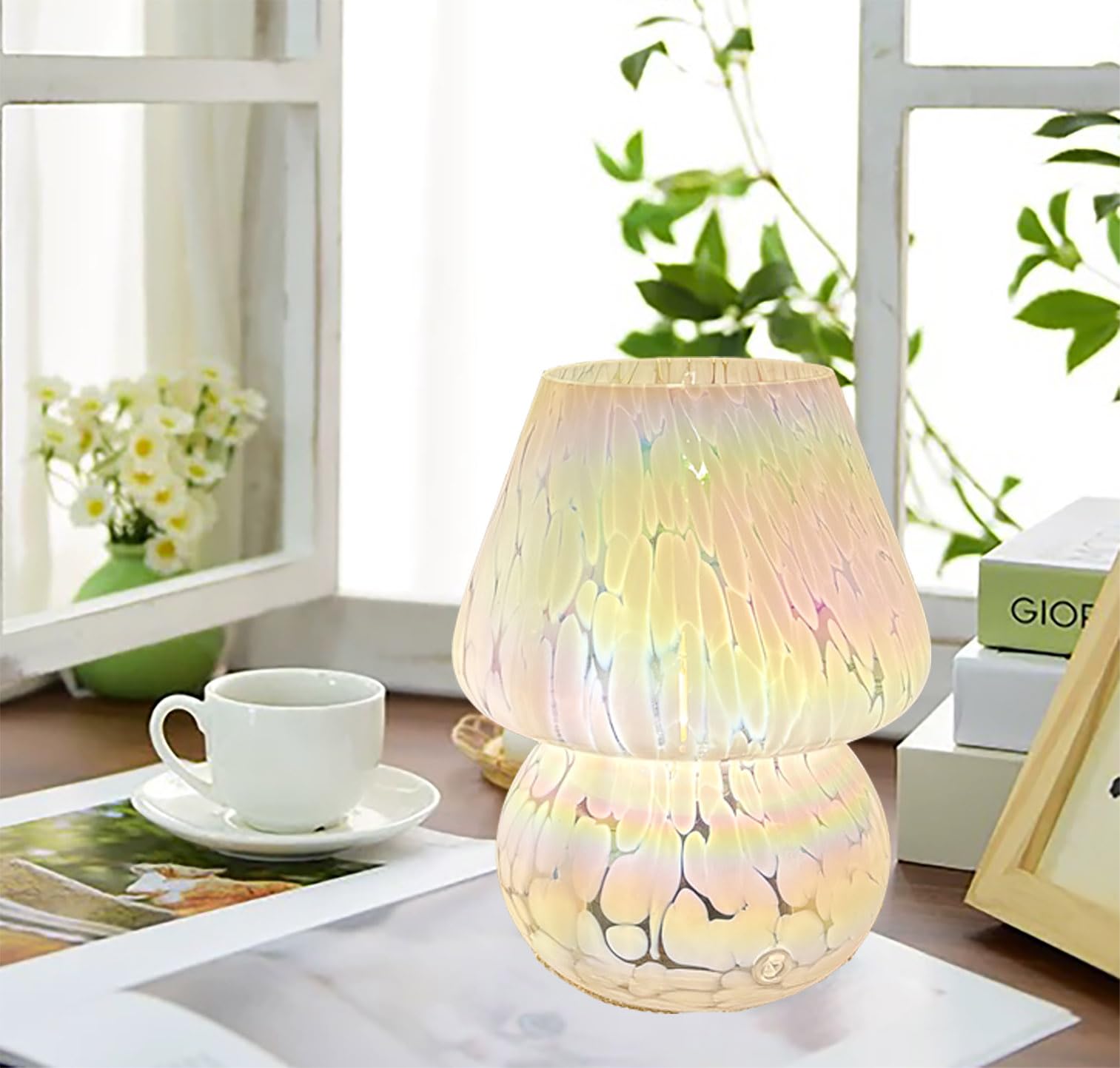 Photo 1 of AFORTLO Battery Powered Mushroom Table Lamp with Timmer,Cordless Small Atmosphere Glass Table Lamp,Portable Decovative NightLight for Corner/Entryway/Stairway/Bathroom/Fireplace (Rainbow White)