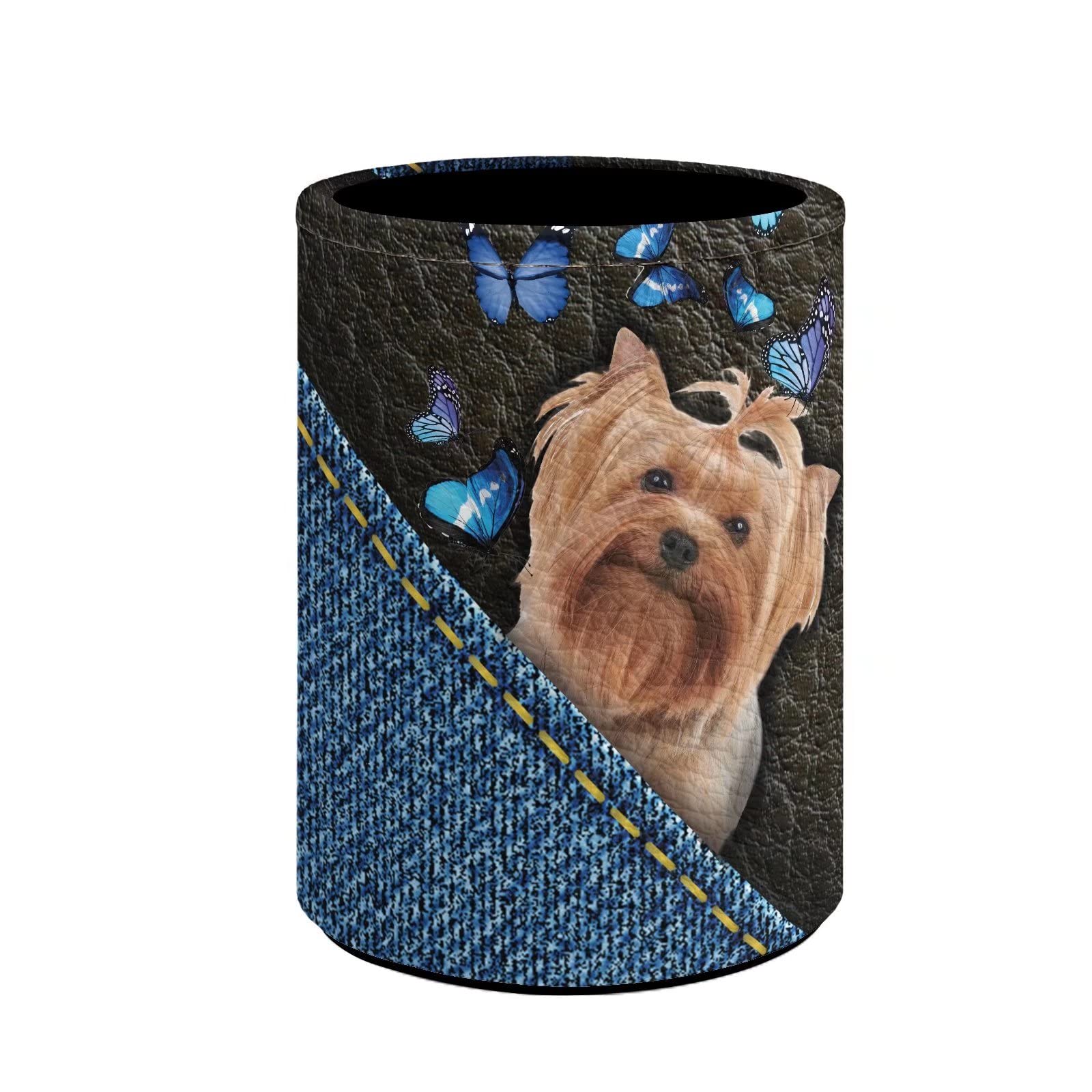 STUOARTE Cute Yorkshire Terrier Print Desk Pencil Holder Pu Leather Pen Cup Pot Blue Makeup Brush Holder School Stationery Organizer for Girls