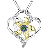 YL Women's Heart Necklace 925 Sterling Silver Lily Flower Love Pendant Birthstone Jewelry