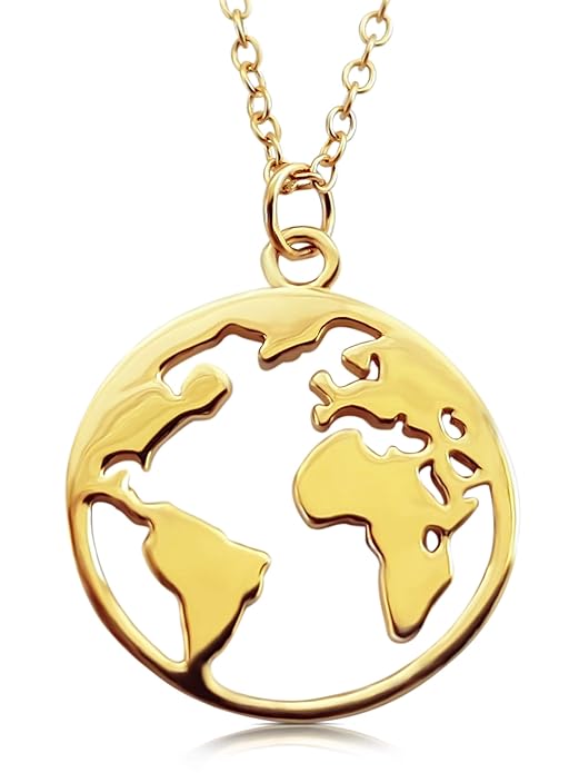 VIASOUL® Halskette für Damen I Weltkarte aus 925er Silber mit 585er Gold überzogen I Die Original Weltkugel Kette