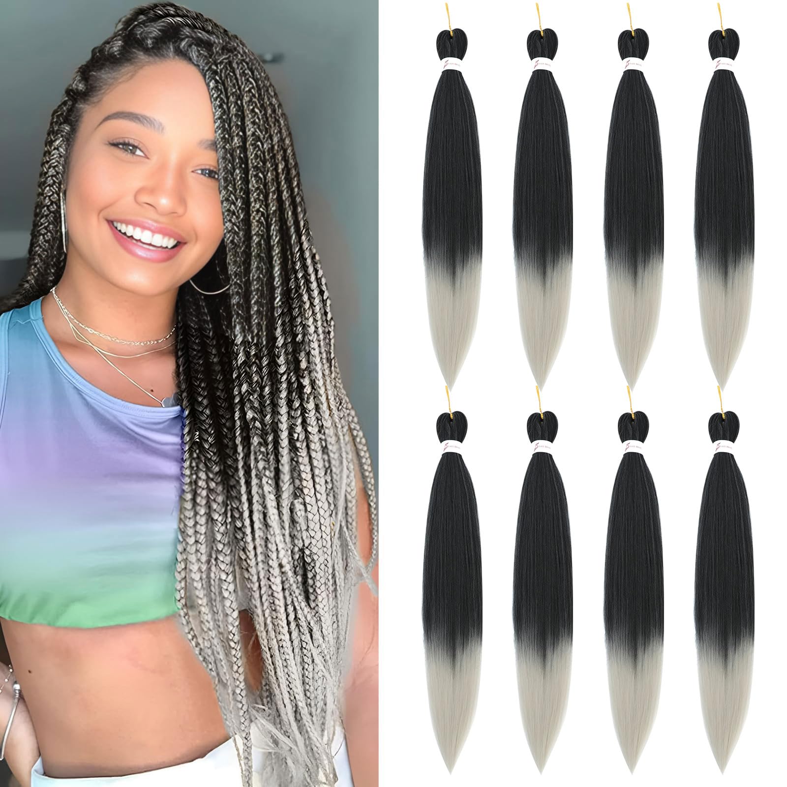 Easy Braid Pre stretched Braiding Hair Extensions - 26 Inch 8Packs Braiding Hair Soft Yaki Texture Crochet Synthetic Hair for Woman Hot Water Setting Crochet Braiding Hair Extensions (1B/Silver#). — image 1