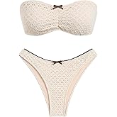 ZAFUL Women's Strapless Bikini Openwork Textured Bow Ruched Lace Up High Cut Bandeau Swimsuit Bathing Suits