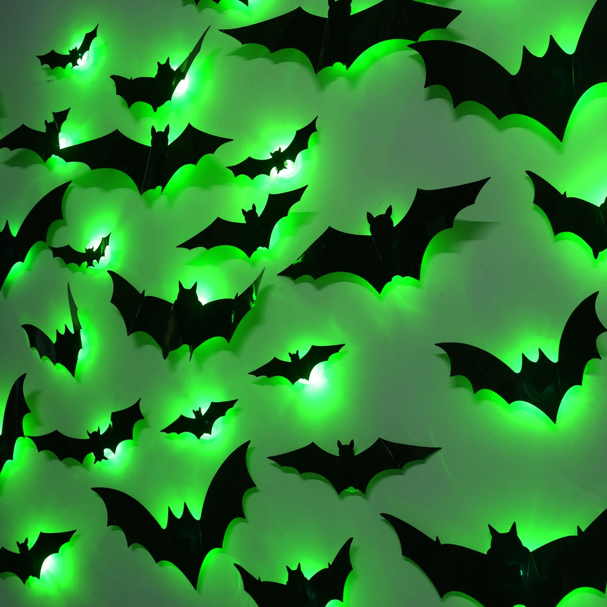 Photo 1 of DR.DUDU 36 Pack Bats Halloween Decorations- Light Up Bat Wall Stickers with Green LED, 3D Removable Window Decals for Indoor/Outdoor, Bathroom, Door, Home, Bedroom Halloween Party