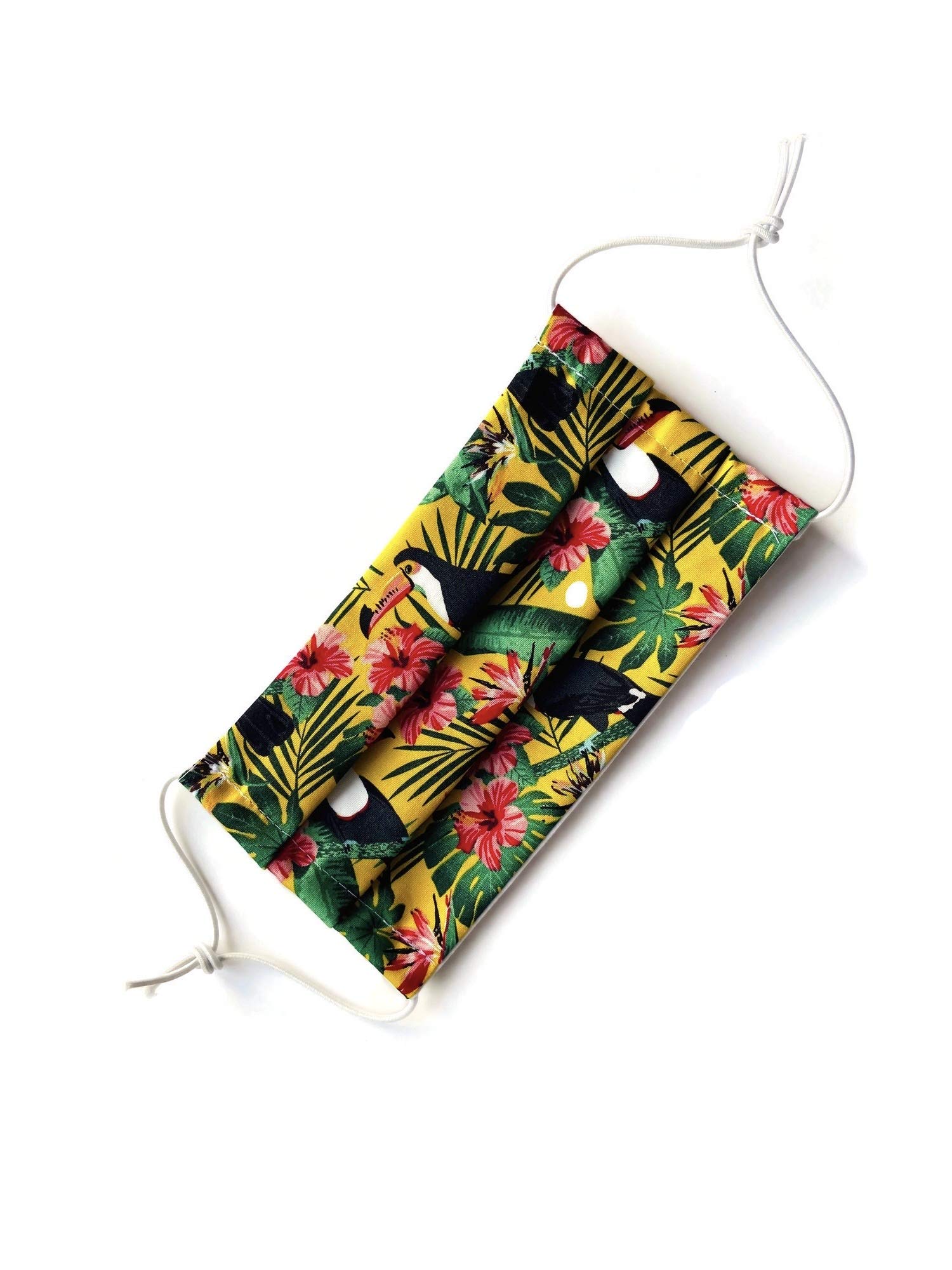 Handmade washable face mask covering in Toucan Jungle design with adjustable toggle cotton fabric