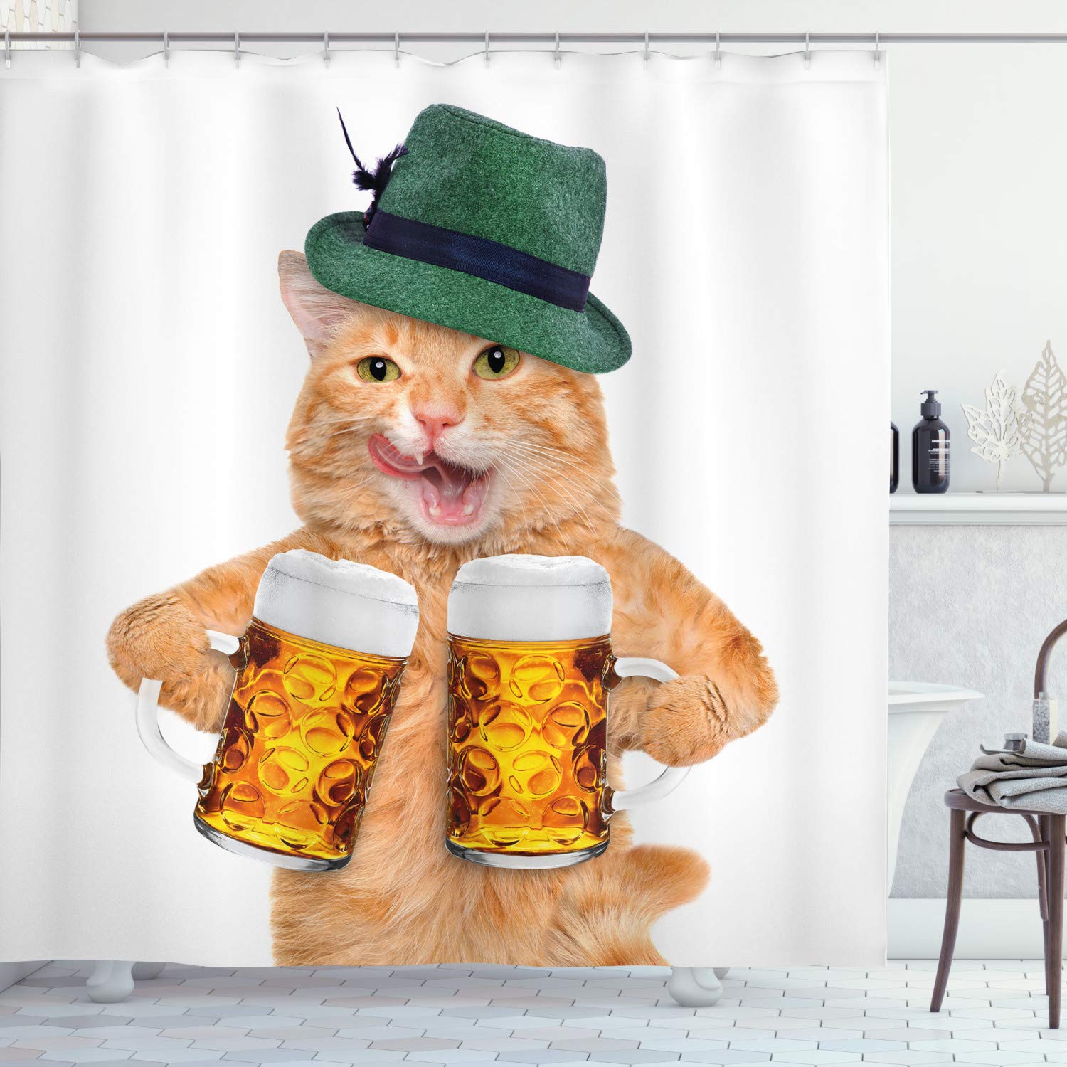 ABAKUHAUS Cat Shower Curtain, Cool Pet Hat and Beer Mugs Bavarian German Drink Festival Tradition Funny Humorous, Cloth Fabric Bathroom Decor Set with Hooks, 86 Inches Extra Long, Multicolor