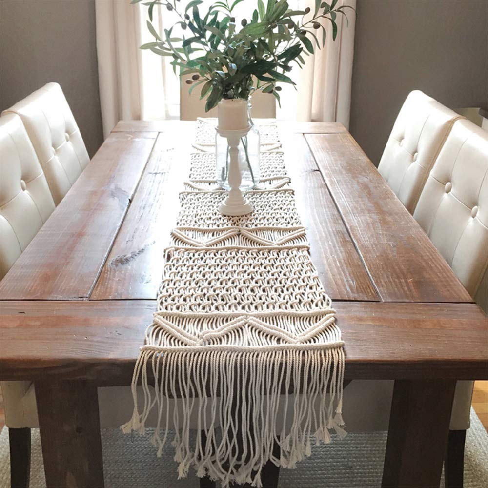 DÉCOCO Macrame Table Runner Hand Woven Boho Wedding Table Decoration Bedding Blanket 35cm x 240cm