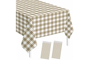 SietDESEO 2 Pack Brown Gingham Tablecloth Rectangle 54 x 108 Brown and White Checkered Table Cloth Disposable Plaid Table Cover Plastic for Birthday Baby Shower Picnic Wedding Party Supplies