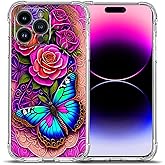 Beaucov Case for iPhone 16 Pro Max,Blue Butterfly Flowers Rose Drop Protection Shockproof Case TPU Full Body Protective Scratch-Resistant Cover for Apple iPhone 16 Pro Max