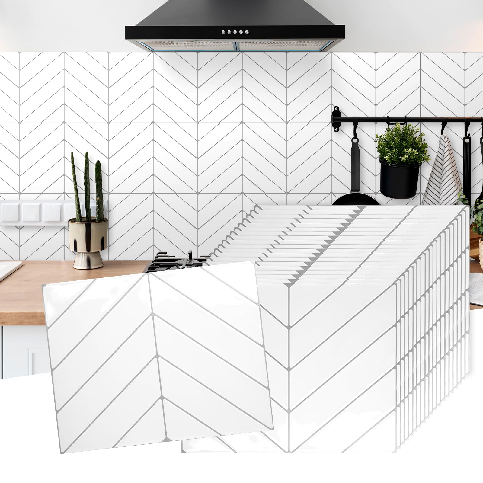 Photo 1 of 20 Sheets Herringbone Tile Sticker, Peel and Stick Backsplash for Kitchen, 2.5mm Thick Self Adhesive Wall Tile with Grey Grout, Waterproof Stick on Backsplash for Bathroom, RV, White