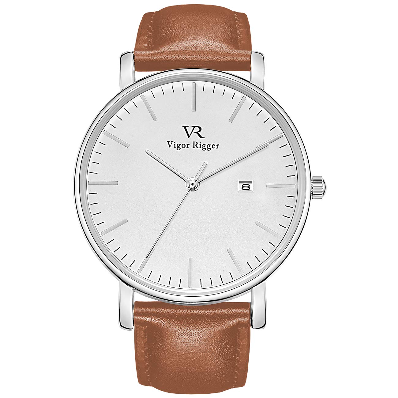 Vigor Rigger Unisex Ultra-Thin Classic Minimalist watch with Date Calendar and Soft Leather Strap Silver and brown