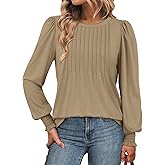 ATHMILE Womens Long Sleeve Shirts Crew Neck Tops Pleated Business Casual Blouses with Smocked Cuffs Trendy T-Shirts