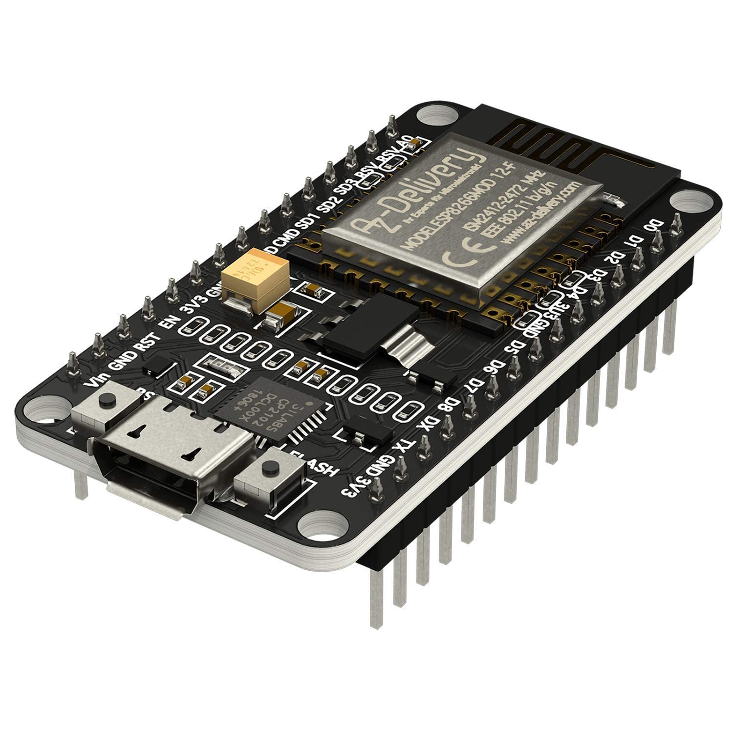 AZDelivery V2 NodeMCU WiFi Amica ESP8266 ESP-12F I2C Development Board CP2102 3.3V IoT Open Source Serial Wireless Module PWM IIC Unsoldered compatible with Arduino Including E-Book!