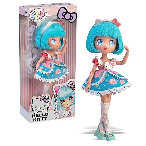 Hello Kitty Manga Doll Pretty Pink, Japanese Fashion Doll with Fashion Looks Manga, 19.5cm Figure with 15 Articulation Points, Blue Hair, Accessories Included, Famous (HKTF0300)