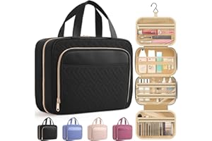 HOTOR Travel Toiletry Bag for Women & Men, Waterproof Makeup Bag with Hanging Hook and Multiple Pockets, Cosmetic Bags for Women, Travel Essentials, 11.2'' x 3.2'' x 8.9'', Black